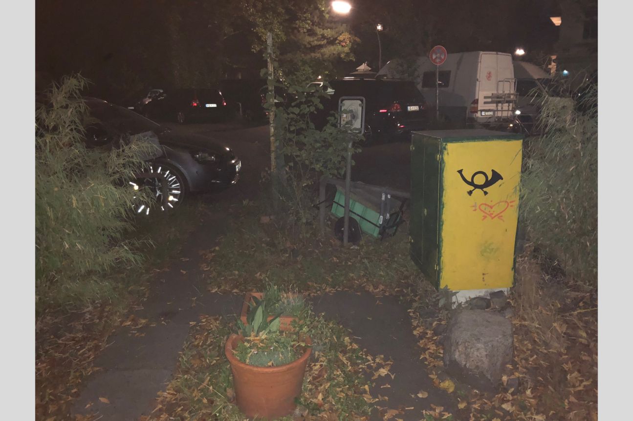 Gebüsch, parkende Autos und bei Postkasten bei Nacht mit Blitzlicht fotografiert