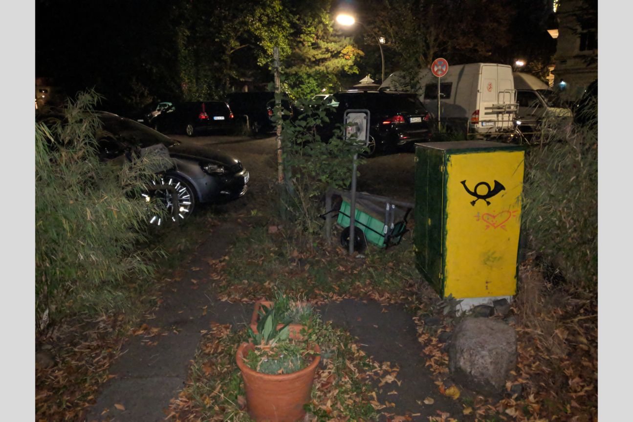 Gebüsch, parkende Autos und bei Postkasten bei Nacht mit Blitzlicht fotografiert