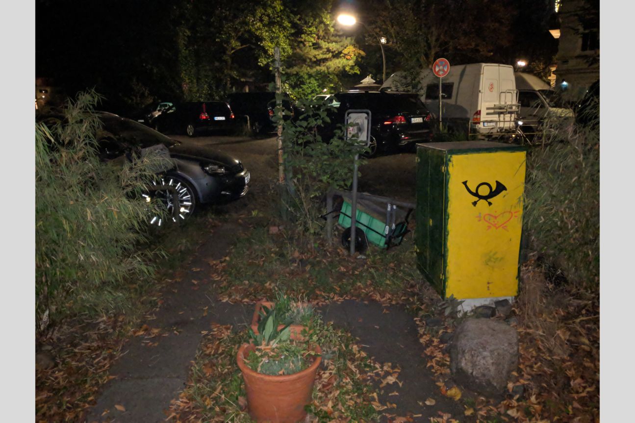 Kameravergleich, iPhone Xs, iPhone X, Galaxy S9 Plus, Pixel 2 Gebüsch, parkende Autos und bei Postkasten bei Nacht mit Blitzlicht fotografiert