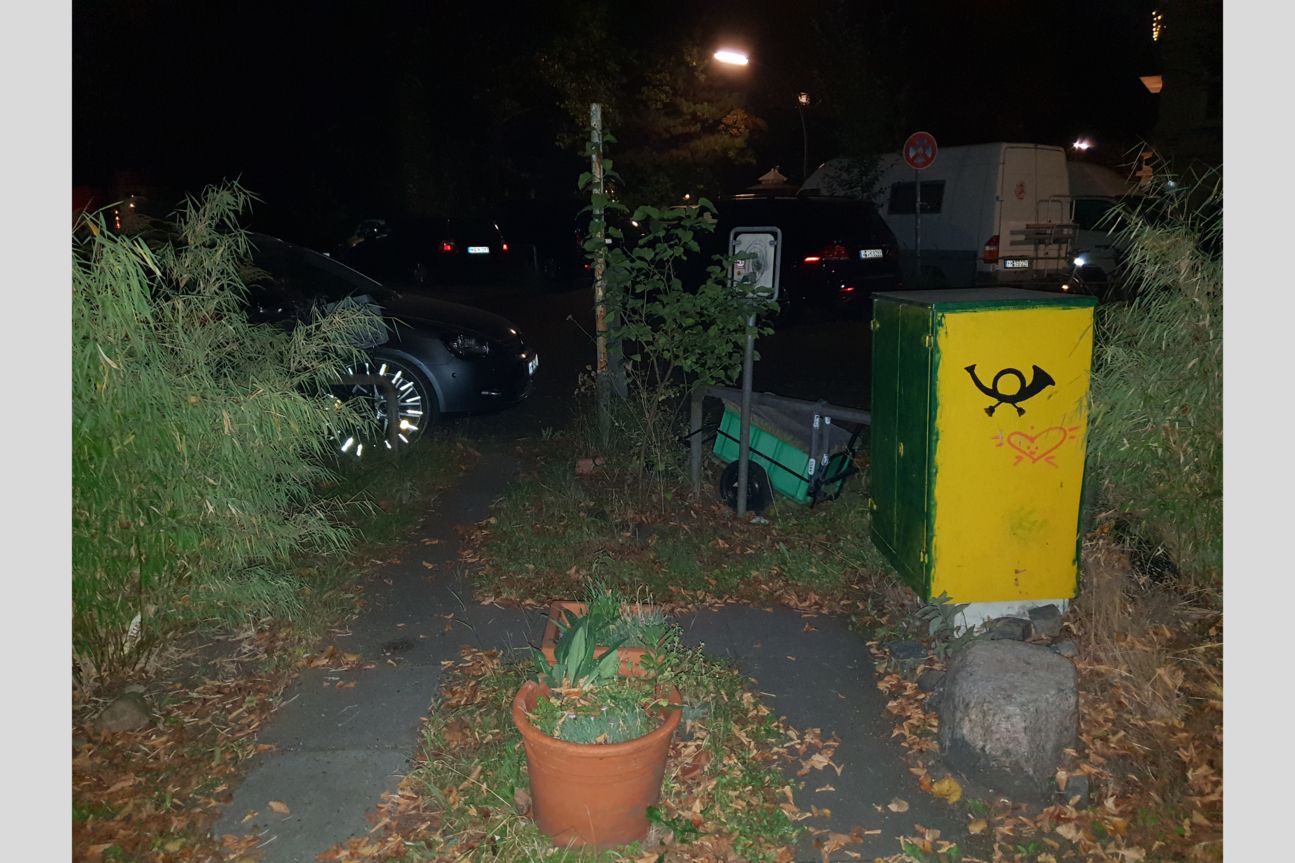 Gebüsch, parkende Autos und bei Postkasten bei Nacht mit Blitzlicht fotografiert