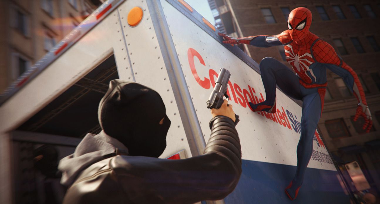 Spider-Man klebt an Lastwagen