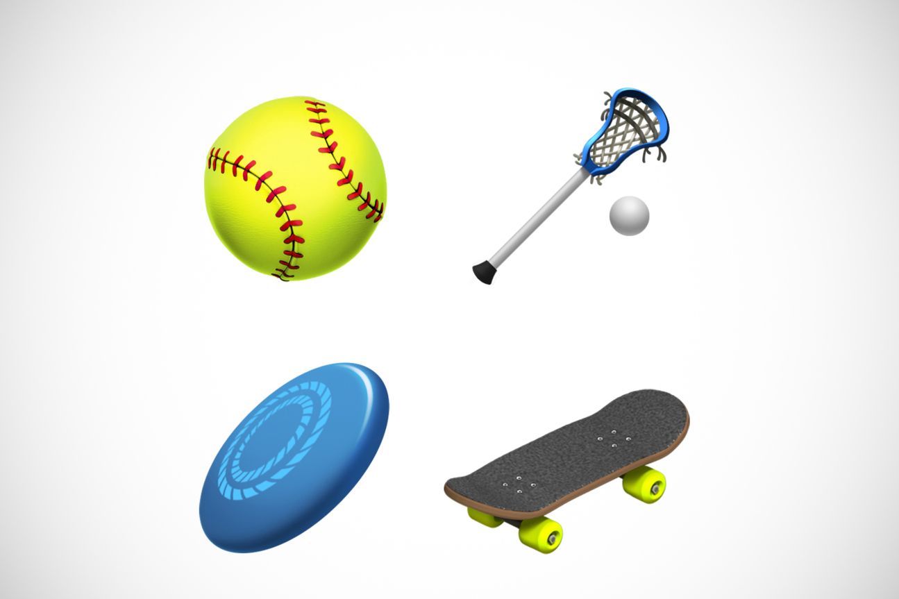 Die Emojis Softball, Lacrosse, Frisbee und Skateboard-Emoji vor weißem Hintergrund