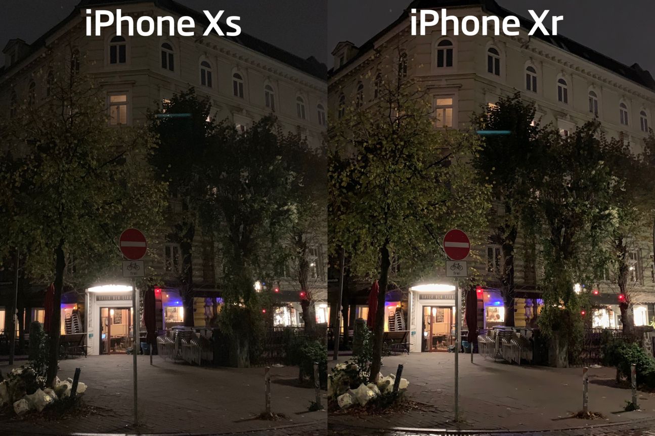 Vergleich iPhone Xs und Xr Ein beleuchteter Platz bei Nacht