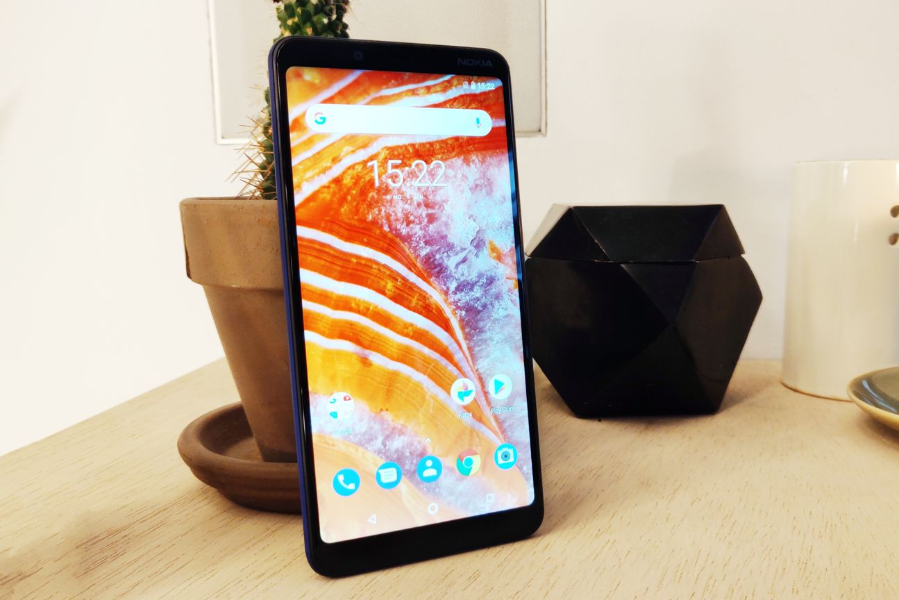 Nokia 3.1 Plus Smartphone lehnt an Blumentopf.
