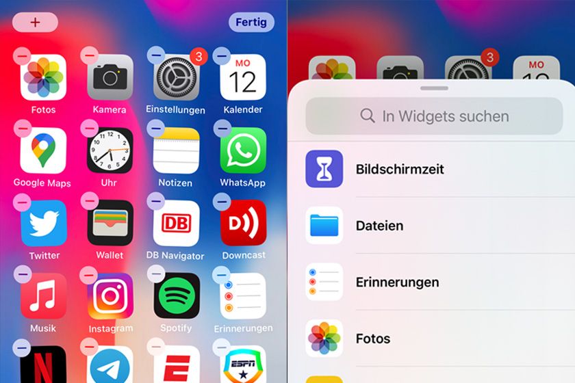 Links seht ihr das Plus-Icon, über das ihr zur Widget-Auswahl gelangt (rechts)
