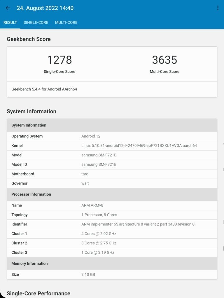 Samsung Galaxy Z Flip 4 Geekbench5 Ergebnisse Screenshot Samsung Galaxy Z Flip 4 Geekbench5 Ergebnisse Screenshot