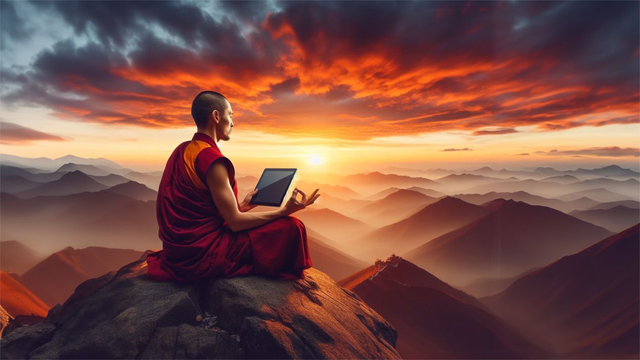 calm-down-apple Mönch meditiert mit iPad