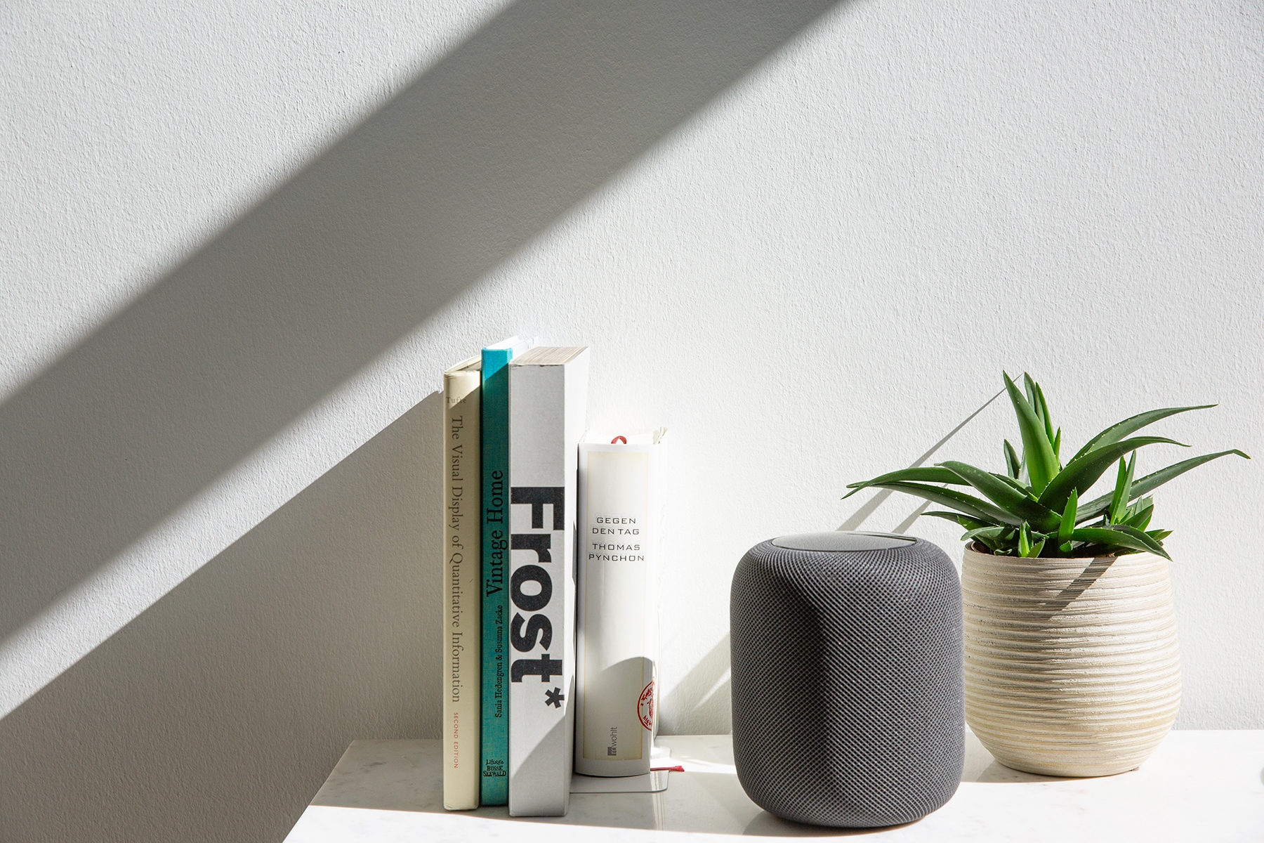 Der HomePod zwischen Büchern und einer Pflanze