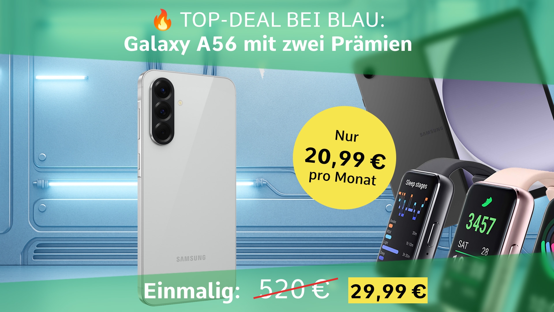 Das Galaxy A56 mit zwei Gadgets