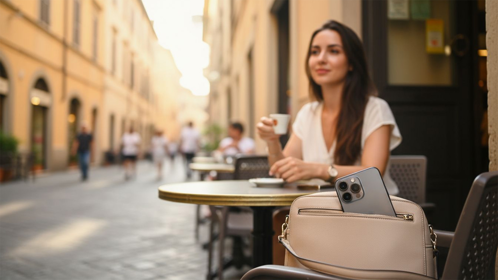 Frau mit Smartphone im Cafe