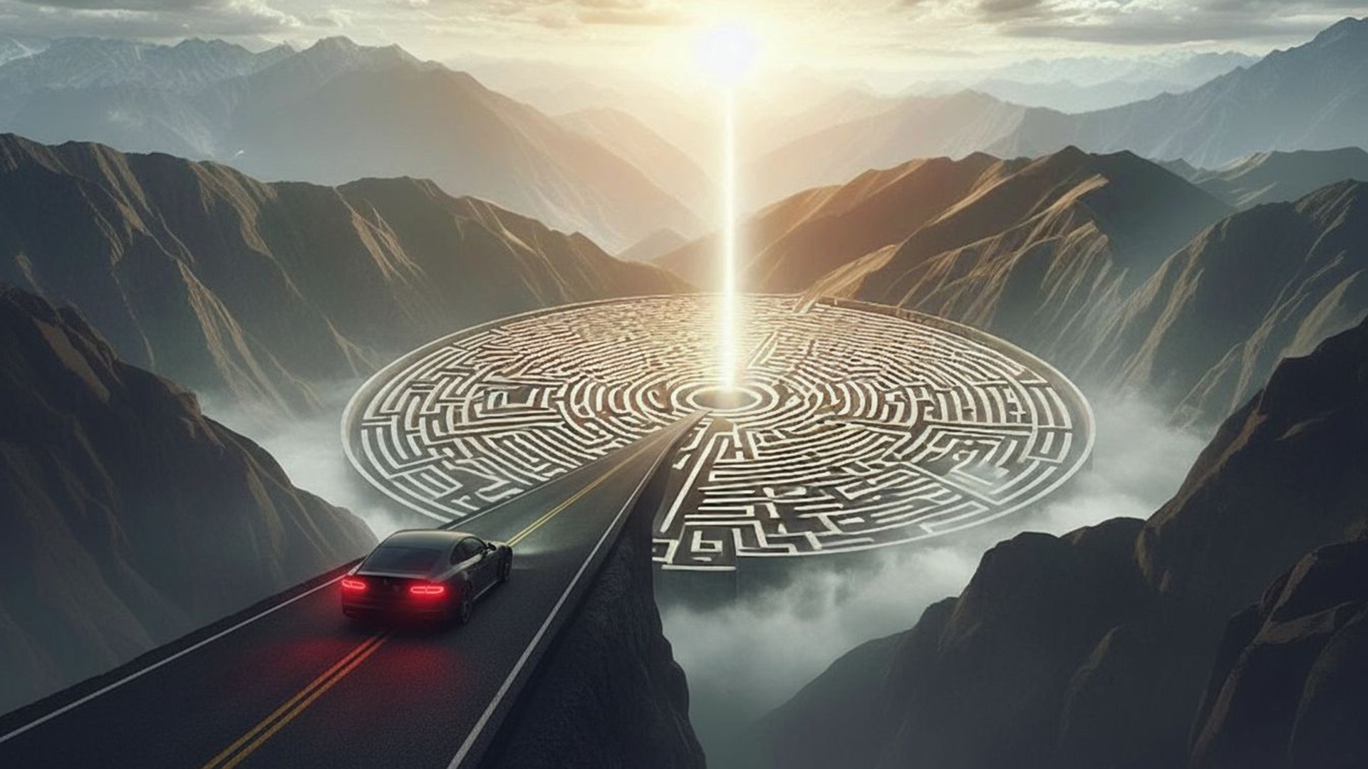 Ein Auto fährt auf einer langen Straße direkt zum Ziel eines Labyrinths