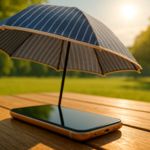 Hitzewelle in Deutschland: Smartphone liegt im Schatten unter einem Schirm