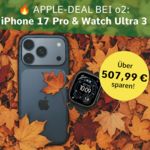Apple iPhone 17 Pro und Apple Watch Ultra 3 liegen im herbstlichen Blätterhaufen