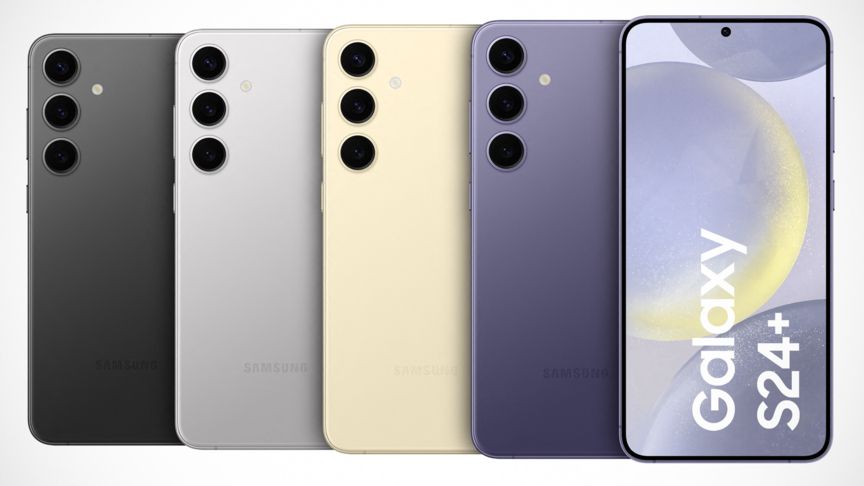 Das S24+ in Onyx Black, Marble Gray, Amber Yellow und Cobalt Violet Galaxy S24+ in der vier Standardfarben