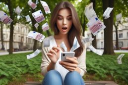 Wenn man bei Betrügern nicht aufpasst, fliegt ganz schnell das Geld aus dem Handy. Frau sitzt im Park und Geld fliegt aus ihrem Handy