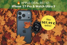 Apple iPhone 17 Pro und Apple Watch Ultra 3 liegen im herbstlichen Blätterhaufen